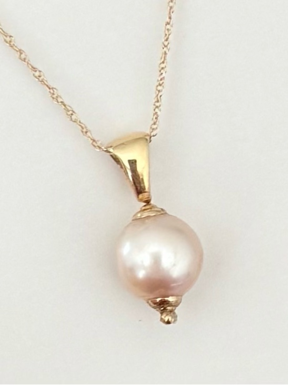 14K Yellow Gold Blush Pink Pearl Pendant Necklace 18" Original Box